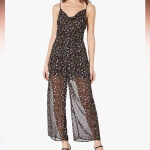 J.O.A. Black Floral Wide Leg Sheer Cowl Neck Sleeveless Jumpsuit Size Small